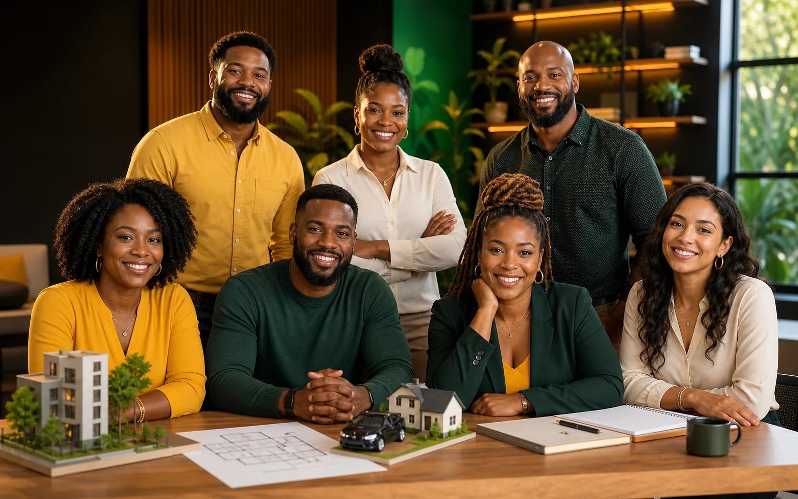 Six confident African American adults—three women and three men—with another multicultural participant, preparing for future home, car and business goals.